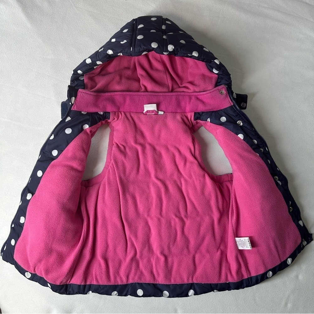 JoJo Maman Bébé Navy Polka Dot Puffer Vest 3Y Detachable Hood Fleece Lined - Picture 5 of 10